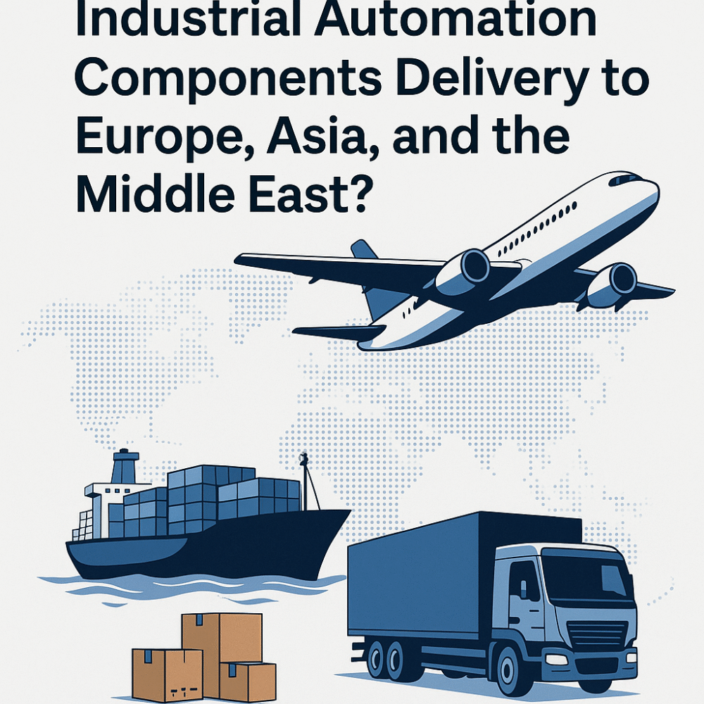 airplane, cargo ship and truck symbolizing industrial automation components delivery to Europe, Asia, and the Middle East